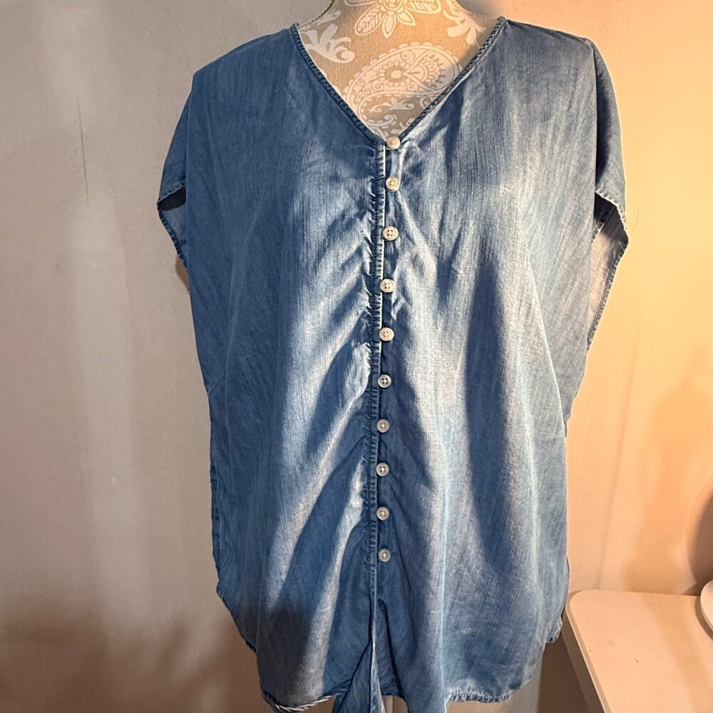 Talbots 2X Denim Chambray Tencel Tie Hem Button Top Plus Beachy Vacation Blse